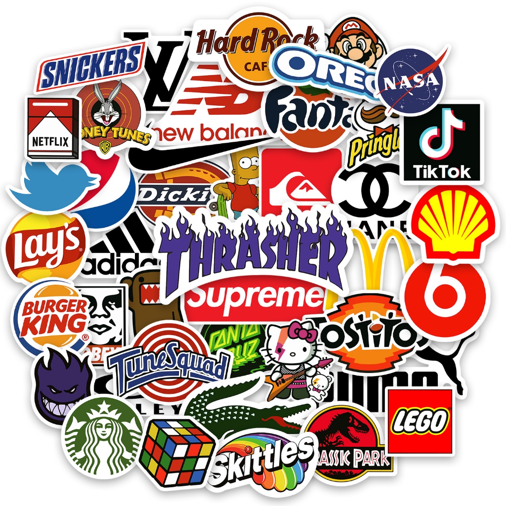 Kit Cartela Com 100 Adesivos Variados Marcas Famosas Grife Personagens Animados Para Caderno Notebook Carro Moto Capacete Skate