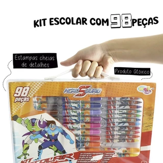 Maleta de Arte Kit Escolar Infantil Estojo Completo com 98 68 Peças Hero Squad Lápis Pincel Canetinha Giz Borracha Pintura Volta às Aulas