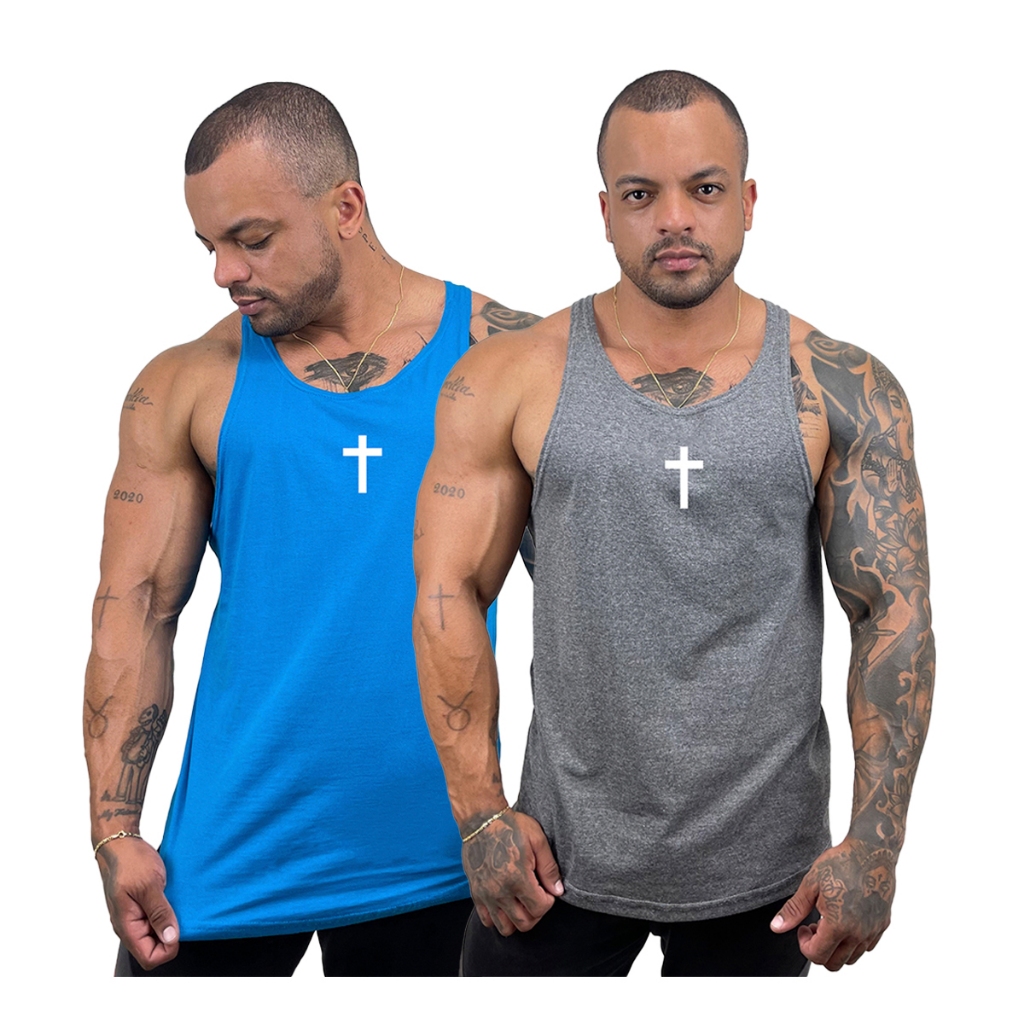 Kit com 2 Regatas Cavada Masculina em Algodão em várias cores Estampa Cruz Cinza Médio + Cores - Bombey