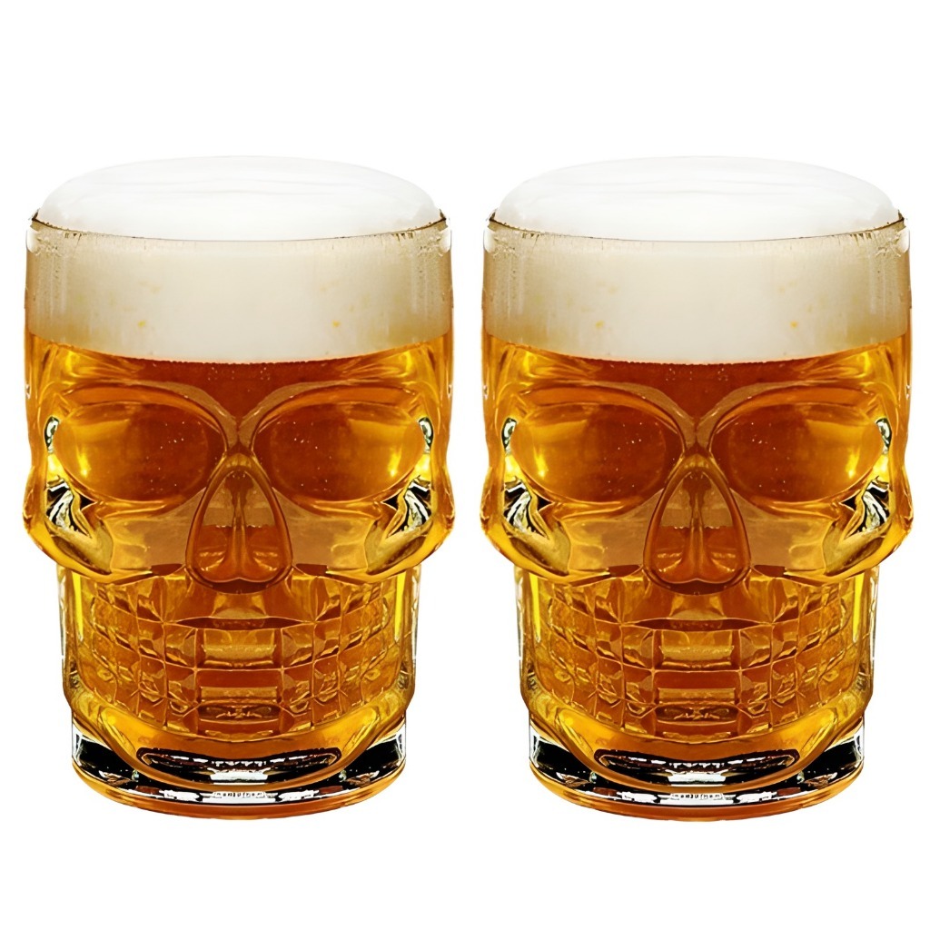Jogo De 2 Canecas Chopp Cranio Caveira Vidro Copos Cerveja