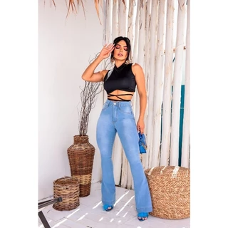 Calça flare jeans claro lisa novidade premium