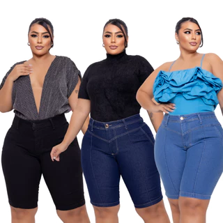 Kit 3 Short Bermuda Jeans Plus Size Feminina Cintura Alta Pedal