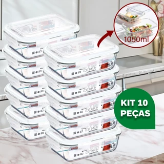 Kit 10 Potes Vidro Hermético 1040ml Retangular 4 Travas Marmita Premium