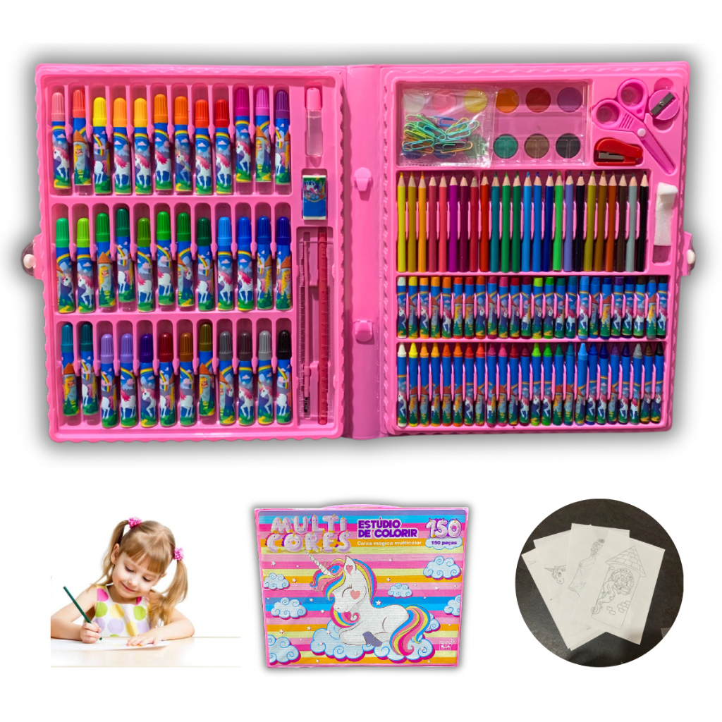 Estojo Maleta Escolar 150 Pçs C/ Canetinha E Lapis Infantil | Shopee Brasil