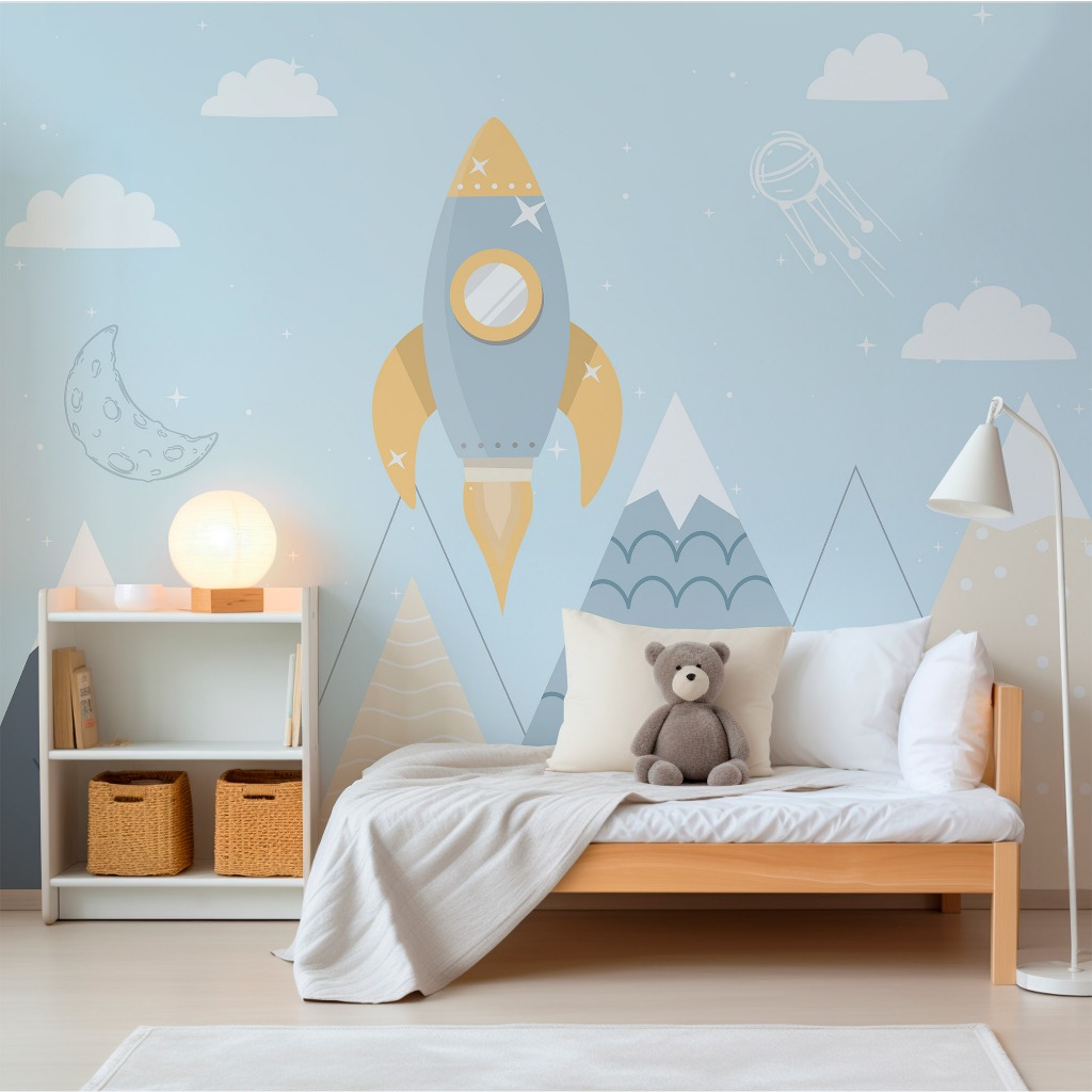 Papel de Parede Infantil de Astronauta Escandinavo com Fundo Azul