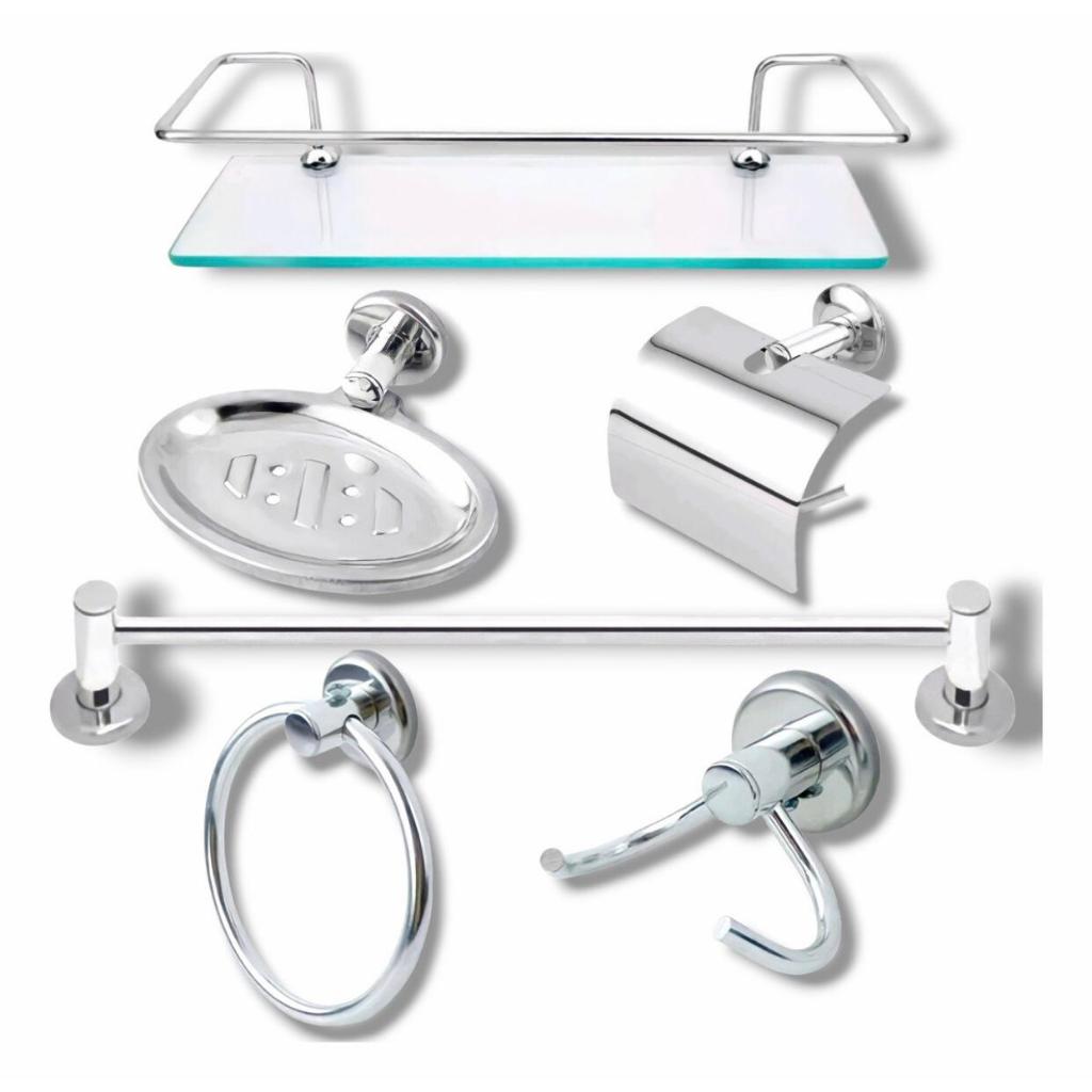 Kit Acessórios Banheiro Inox 5PÇ C/ Porta Shampoo Reto Vidro