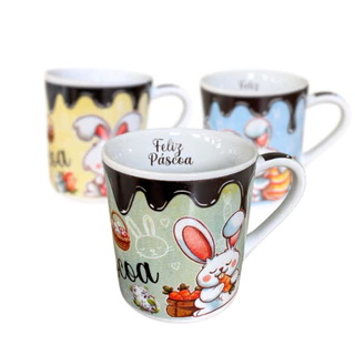 CONJUNTO 6 CANECAS PORCELANA BRANCA DECORADA PÁSCOA 280 ML