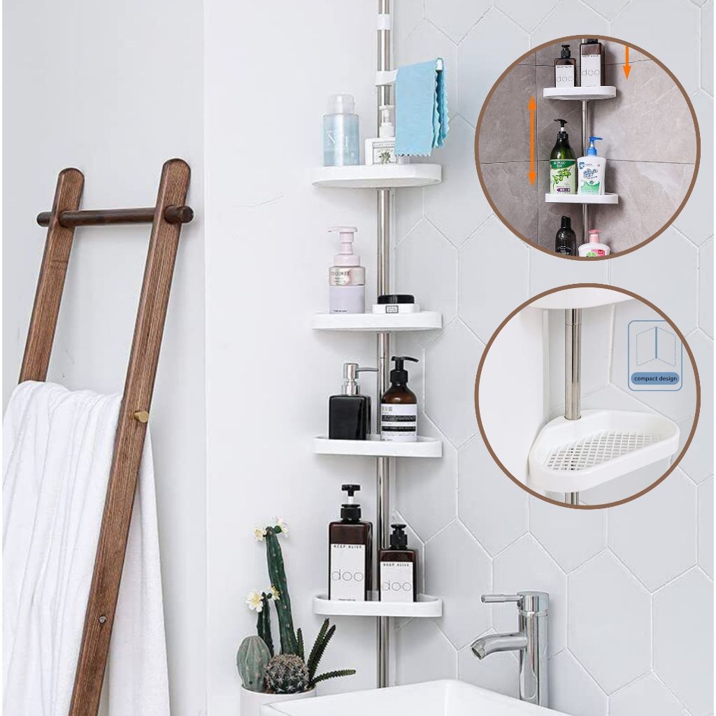 Prateleira de Canto do Banheiro Telescópico Chuveiro Piso Ajustável Teto 4 Bandejas Cantoneira