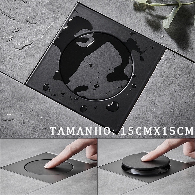 Ralo Click Inteligente Coromado Preto 15x15 cm Inox Banheiro Veda Cheiro v062