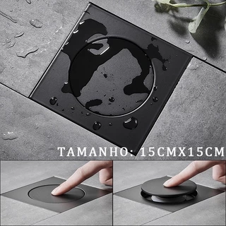Ralo Click Inteligente Coromado Preto 15x15 cm Inox Banheiro Veda Cheiro v062