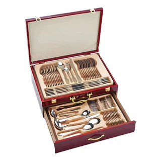 Faqueiro Inox 84 Peças Talheres Banhado Ouro 24K Maleta Madeira LANÇAMENTO