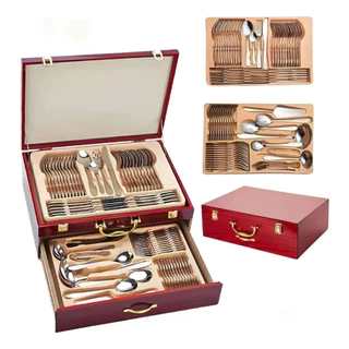 Faqueiro Inox 84 Peças Talheres Banhado Ouro Maleta Madeira Luxuoso Modelos de Filme em Oferta na Shopee