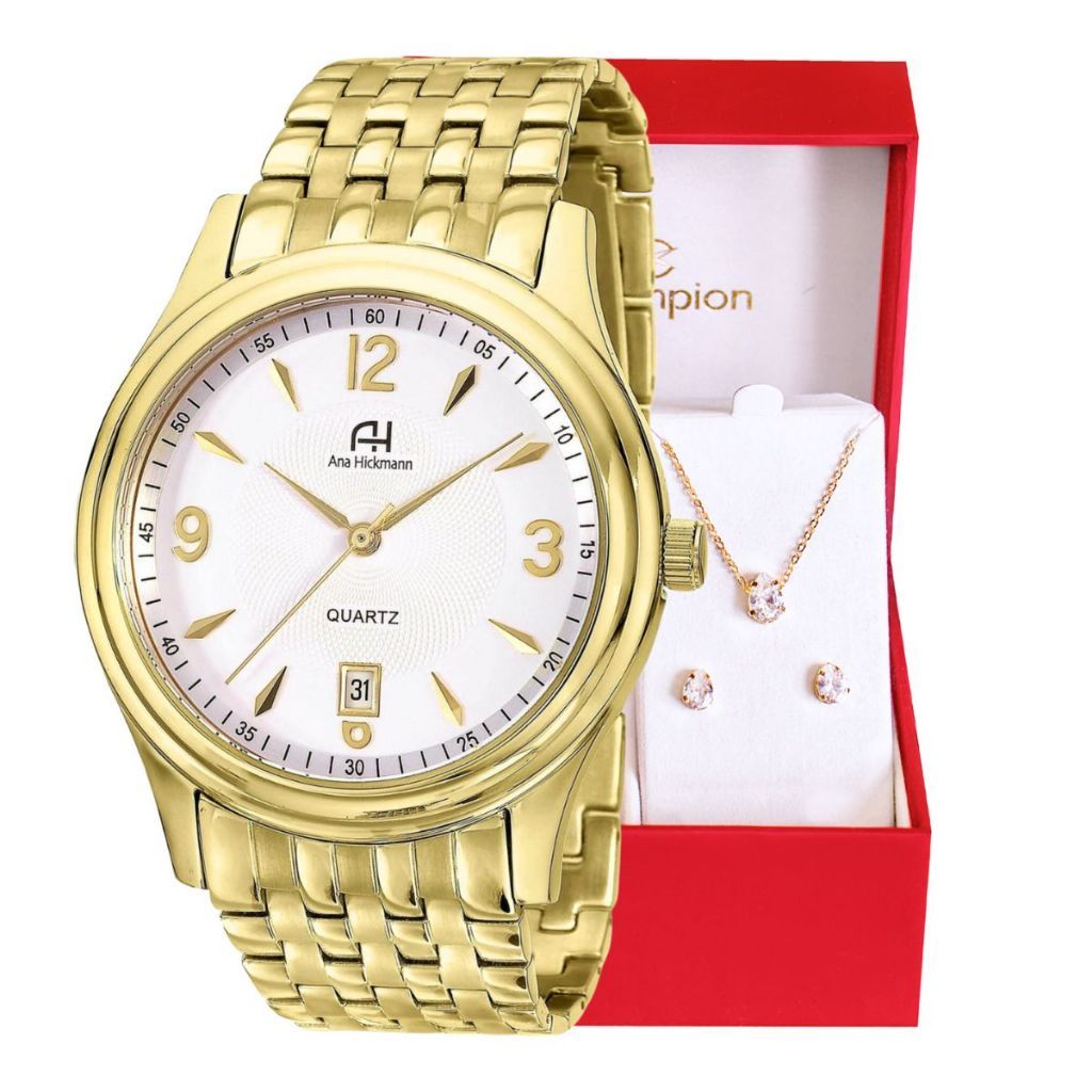 Relógio Champion Ana Hickmann Feminino Analógico Dourado + Kit Colar e Brincos Original À Prova d