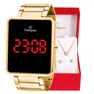 Relógio Champion Feminino Digital Dourado + Kit Colar e Brincos Original Presente Moda Gift CH40086V