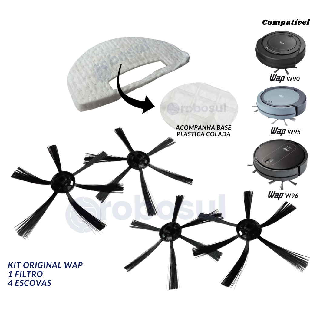 4 Escovas e 1 Filtro Para Robô Aspirador WAP W90 W95 W96