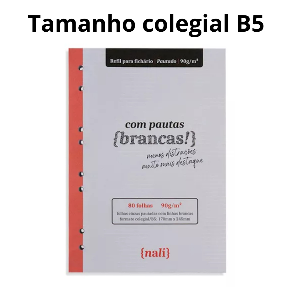 TAMANHO B5 COLEGIAL Bloco P/ Fichário Linhas Brancas Pautado Nali