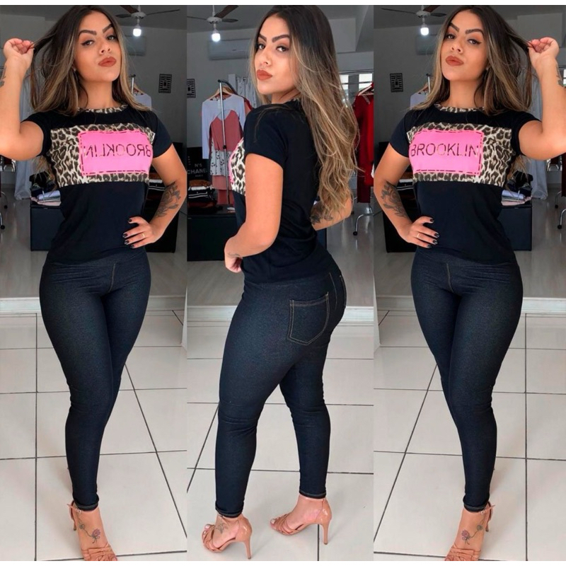 Calça Legging Jeans Fake Feminina Cintura Alta