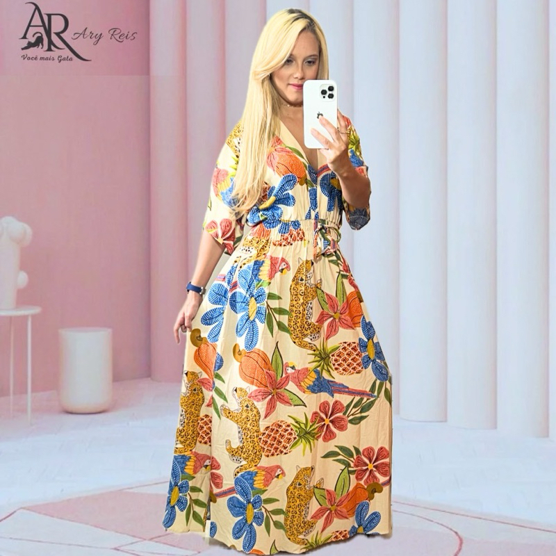 Vestido Feminino Longo com Estampa Floral modelo asa de morcego em