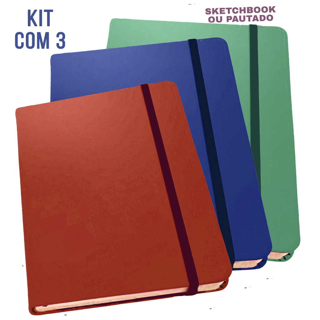 Kit 3 Cadernetas tipo Moleskine 21x14 cm SKETCHBOOK ou COM Pauta