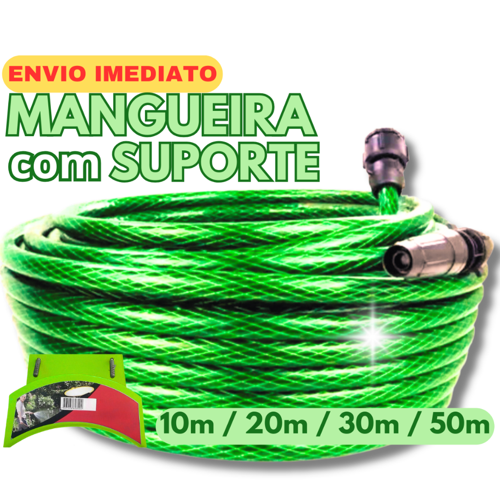 Mangueira Jardim Resistente até 50 Metros Flexivel Reforçada Trançada Kit com Esguicho e Conector Forte Tripla Camada Pronta para Usar Completo Suporte Enrolador de Parede para Guardar Qualidade