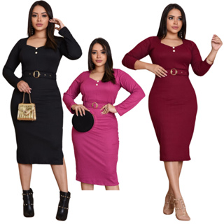 Vestido Mídi Feminino Social Manga Longa + Cinto Moda Evangélica Plus Festa
