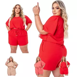 Conjunto Short com elástico e Blusa Cropped com manga plus size Feminino