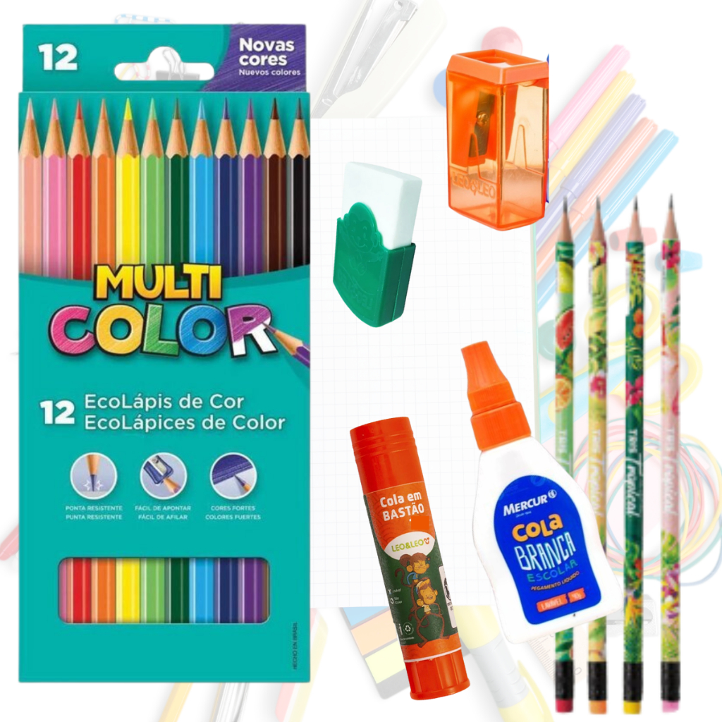 Kit Escolar Volta às Aulas Lápis Colorir Escrever Borracha Cola ...