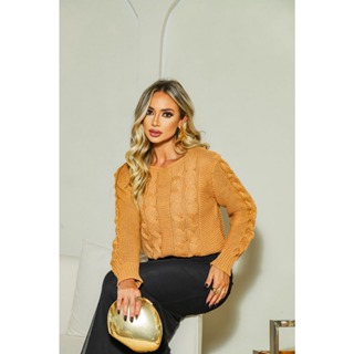 BLUSA TRICOT FEMININO OMBRO A OMBRO TRANÇADA MODA INVERNO