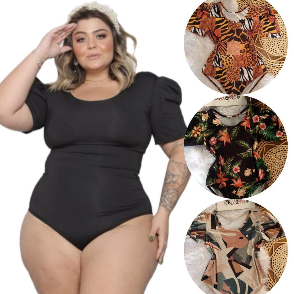 Body suplex tamanho GG manga princesa plus size feminina 46 48 50 florido estampado