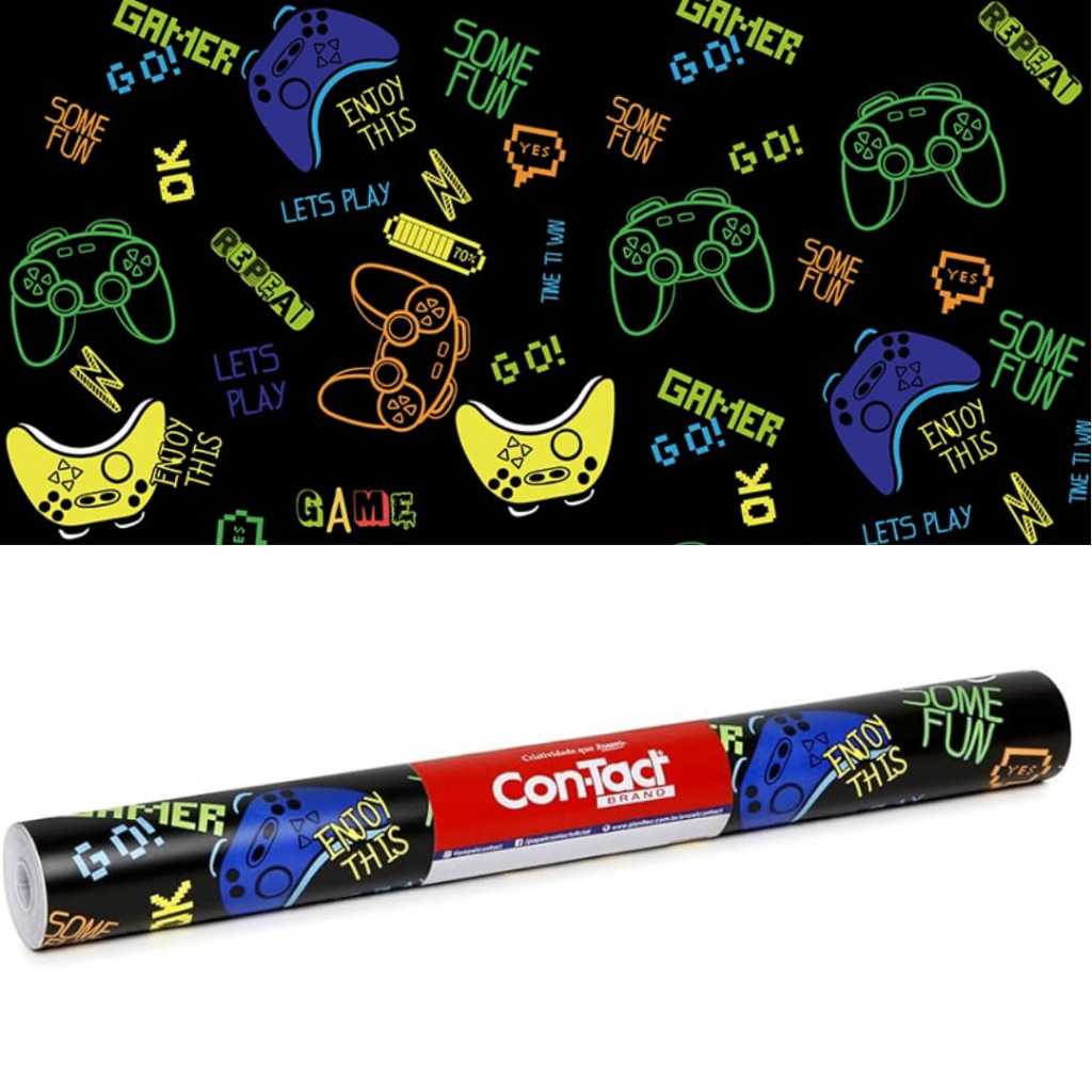 Papel Adesivo Contact Encapar Caderno Infantil Gamer 45cm X 2mts ...