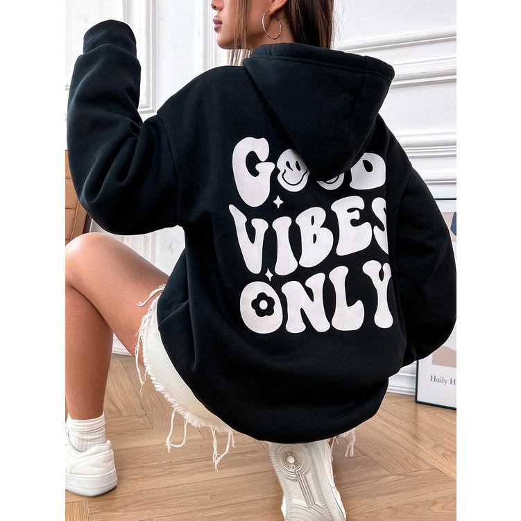Blusa de Frio Casaco Moletom Com Bolsos Feminino Estampado Nas Costas Good  Vibes Only Modinha Skate