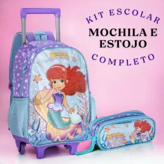 Mochila de Rodinhas Infantil Escolar e Estojo Escolar Duplo Sereia Encanto dos Mares e Kit Escolar Menina
