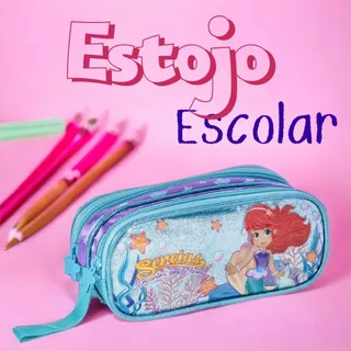 Estojo Escolar Infantil Duplo Com Alça Sereia Encanto dos Mares