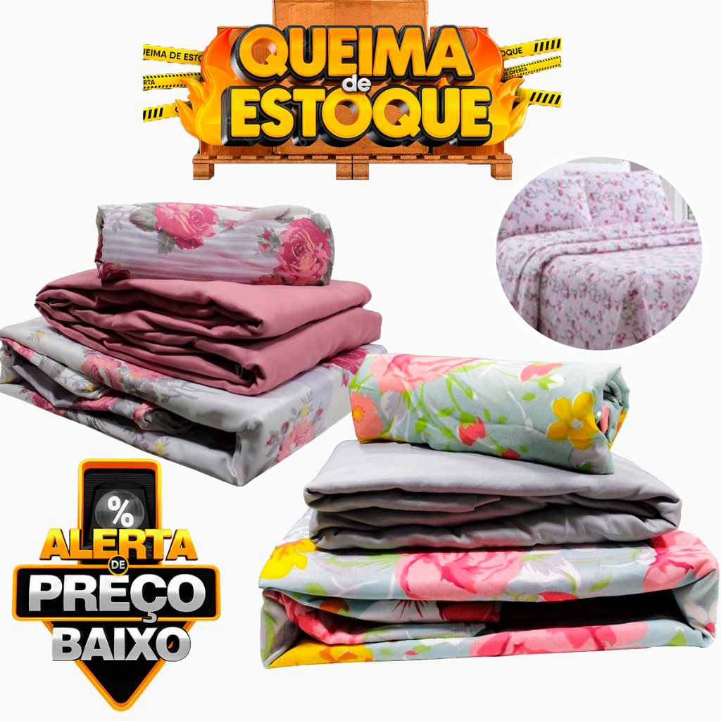 Jogo de Cama Casal Kit 4 peças Lençol Elástico Fronhas Travesseiros Estampado 100% Poliéster Toque Macio Microfibra 150 Fios