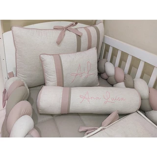 KIT BERÇO PARA BEBÊ 5 PEÇAS - COM 2 TRANÇAS - LINHO 100% ALGODÃO E PERCAL - PADRÃO AMERICANO - VÁRIAS CORES