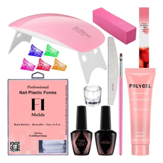 Kit Alongamento De Unha Polygel Cabine Estufa Sun Mini 6w + Top Coat + Primer + 100 Moldes F1Gel/Acrigel/Porcelana