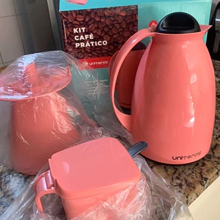 Kit Conjunto Garrafa Térmica de Café 650ml 3 Peças Florença c/ Bico Anti Gotas e Alça + Açucareiro 350ml c/ Colher + Suporte p/ Filtro Coador