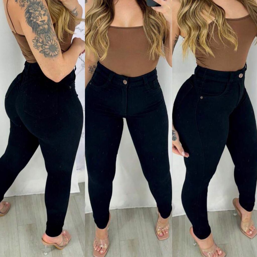 Calça Jeans Preta Feminina Skinny Cintura Alta com Lycra Levanta Bumbum | Shopee Brasil