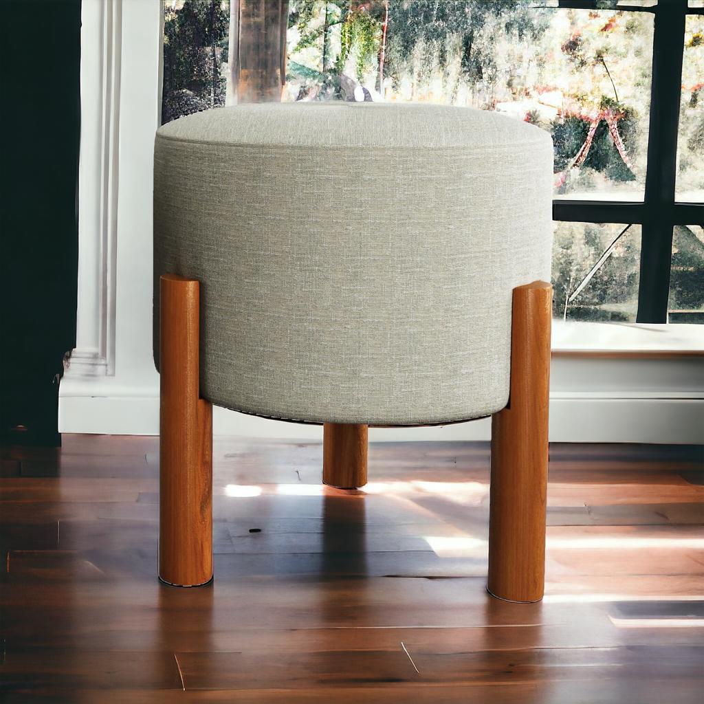 Puff Redondo Sala Escritório Pés Palito Decoração - Linho bege - Decore Agora.