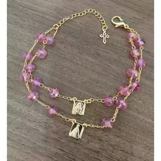 Pulseira de Escapulário Nossa senhora Aparecida Cor Rosa folheada a Ouro 18k