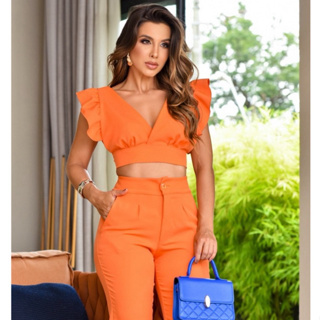 Conjunto Alfaiataria laranja  Fashion, Two piece pant set, Pants set