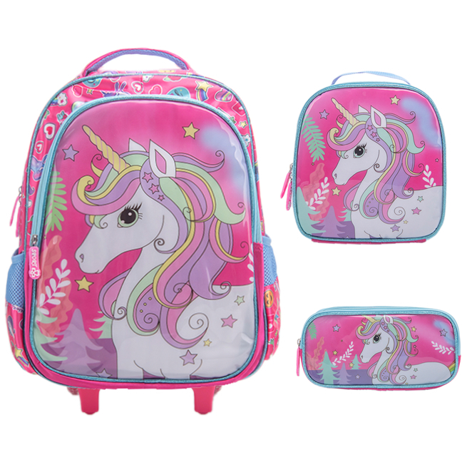 Kit Mochila Escolar Infantil de Rodinhas Menina Menino Bolsa Resistente Impermeável Com Lancheira e Estojo