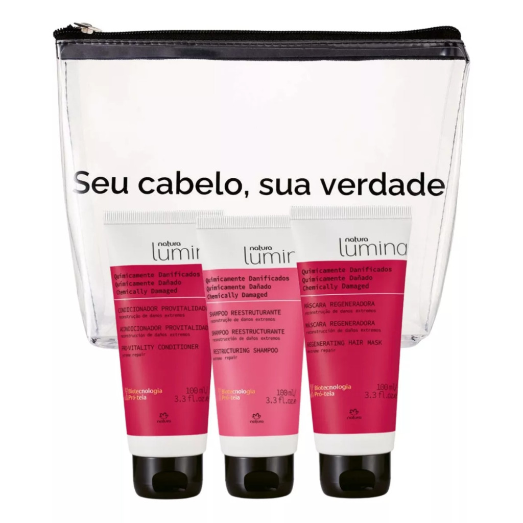 Kit Lumina Shampoo e Condicionador e Máscara Quimicamente Danificados Nécessaire 100ml Natura