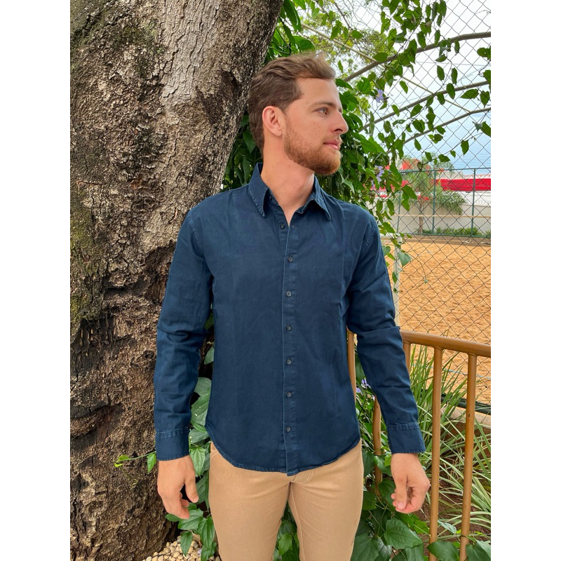Camisa Jeans Masculina 100% Algodão sem bolso, manga longa.