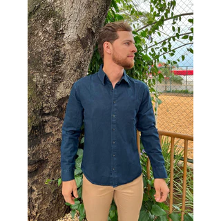 Camisa Jeans Masculina 100% Algodão sem bolso, manga longa.