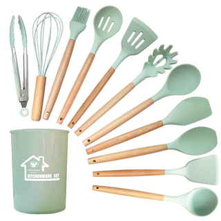 Kit C/12 Pçs Utensílios De Cozinha Colheres Espatula Silicone Cabo Madeira Decoração Livre BPA