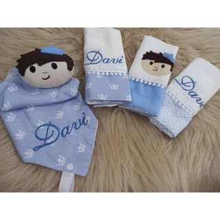 kit Fralda de boca 3 paninhos bordados com bichinhos e Naninha bichinhos PERSONALIZADOS com nome