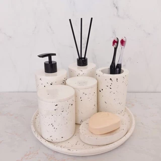 Kit Minsk para Lavabo ou banheiro em técnica granilite terrazzo ou marmorizado com saboneteira líquida difusor de ambiente porta escova cotonete algodão e sabonete