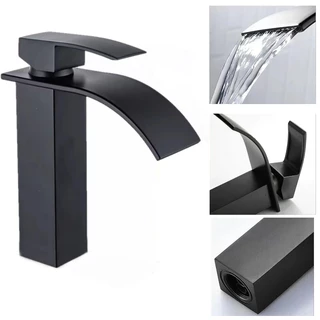 Torneira De Cuba INOX Banheiro Lavatório Misturador Cascata Curva Baixa Preta de água quente e fria