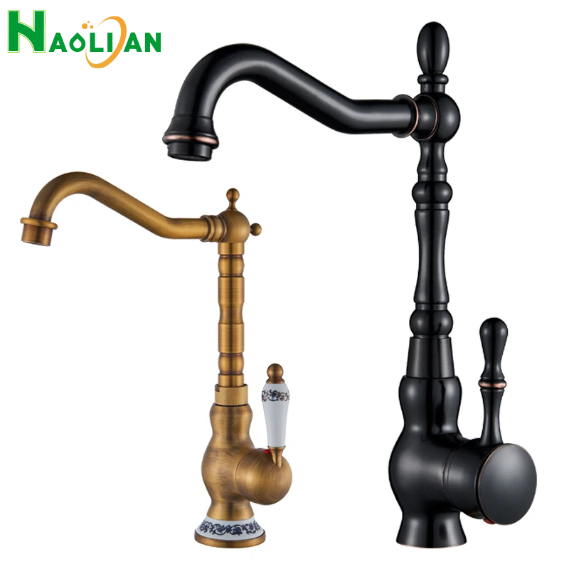 Torneira De Cozinha De Latão Antigo Torneira Misturadora Quente E Fria Único Furo Guindaste Rotativo Para Banheiro Alça De Porcelana Azul E Branca